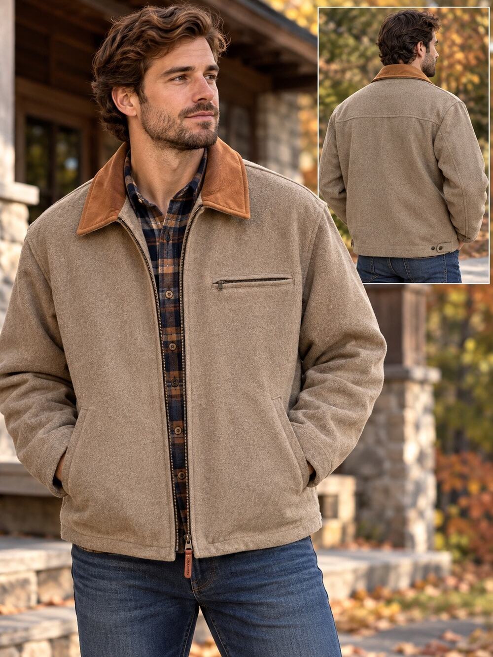 Woolrich Men’s M Wool Jacket Wheat Heather Leather Collar 16286 #138 Vintage